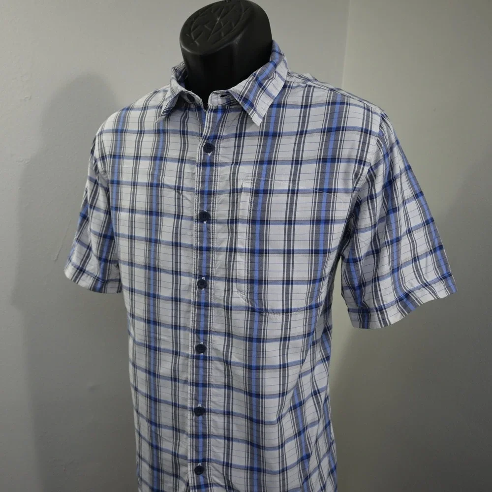 The North Face Button Up Mens M Regular Blue White Plaid Short Sleeve Nylon